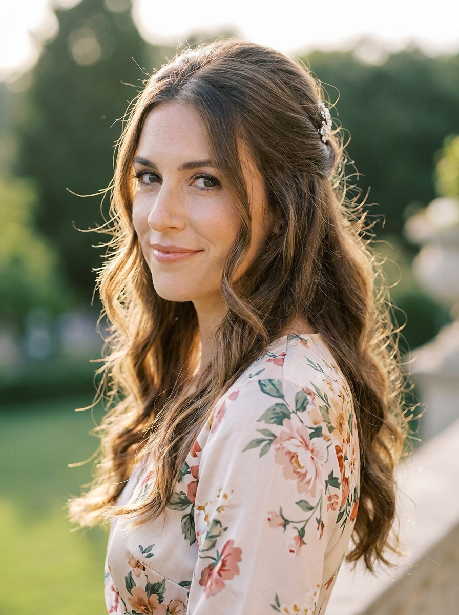 Half-Up Waves mit weichen Locken als Frisuren für lange Haare als Hochzeitsgast Inspiration 2026